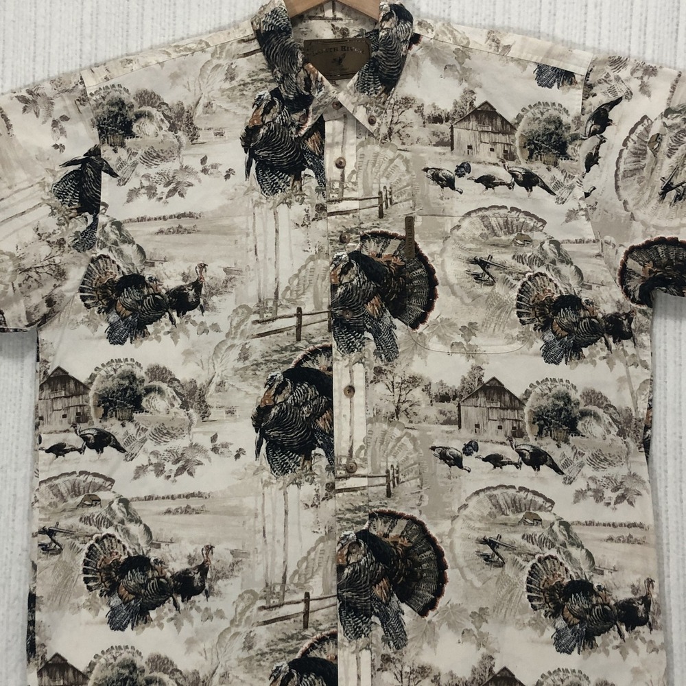 North River Outfitters Mens XL Turkey Barn Scene Print Cotton Button Down Shirt
